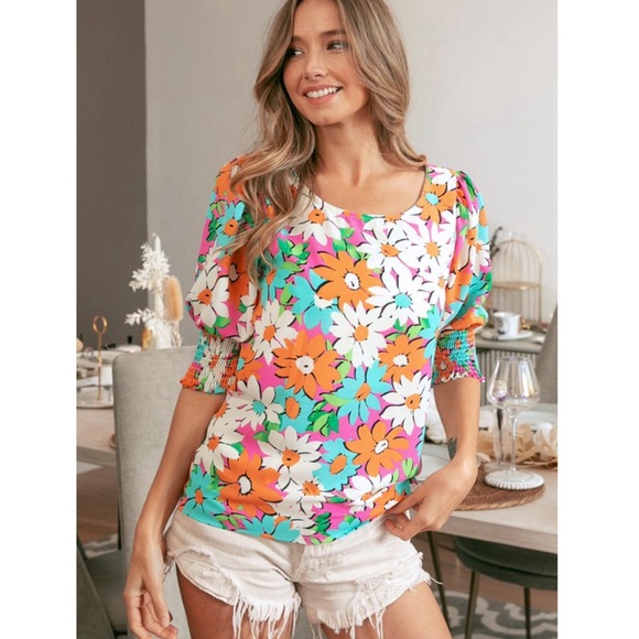 RESTOCK! Multicolor Floral Puff Smocked Sleeve Top! - Picture 8 of 15